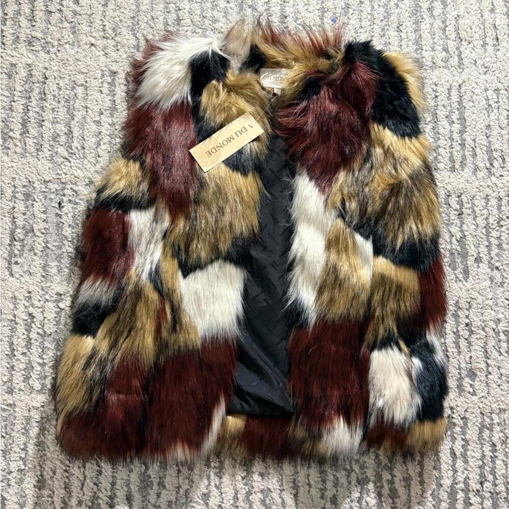 Du Monde bold faux fur vest jacket furry fluffy colorful size M